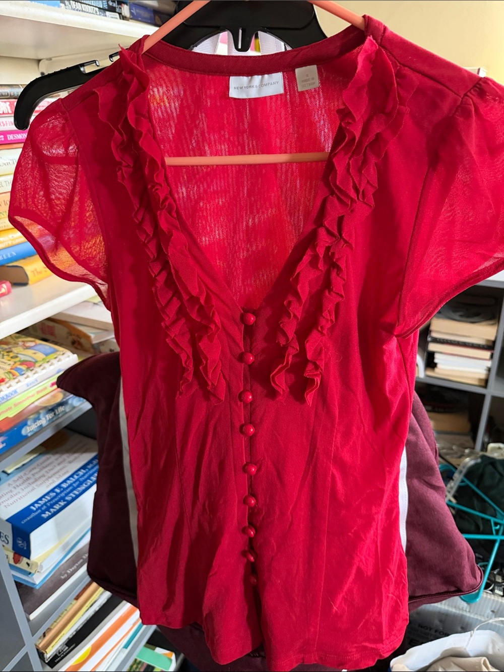 New York & Company Red Ruffled V-Neck Blouse